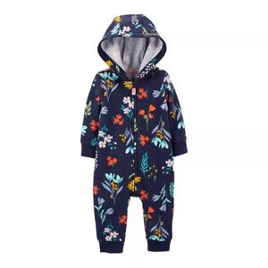 NWT Carters Baby Girls Navy Floral Fleece Hooded One Piece Zip Up | 6 Months